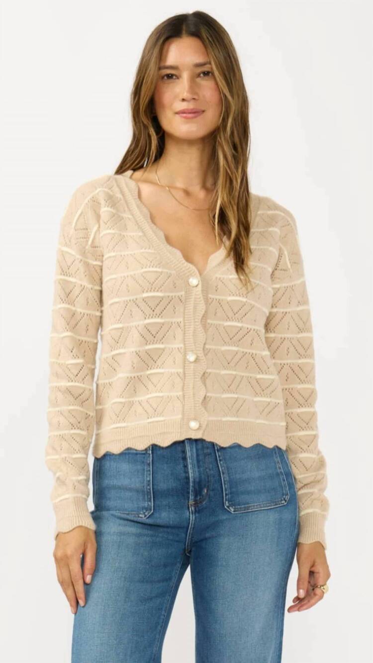 NEW LOVESTITCH stripe pointelle sweater cardigan in beige